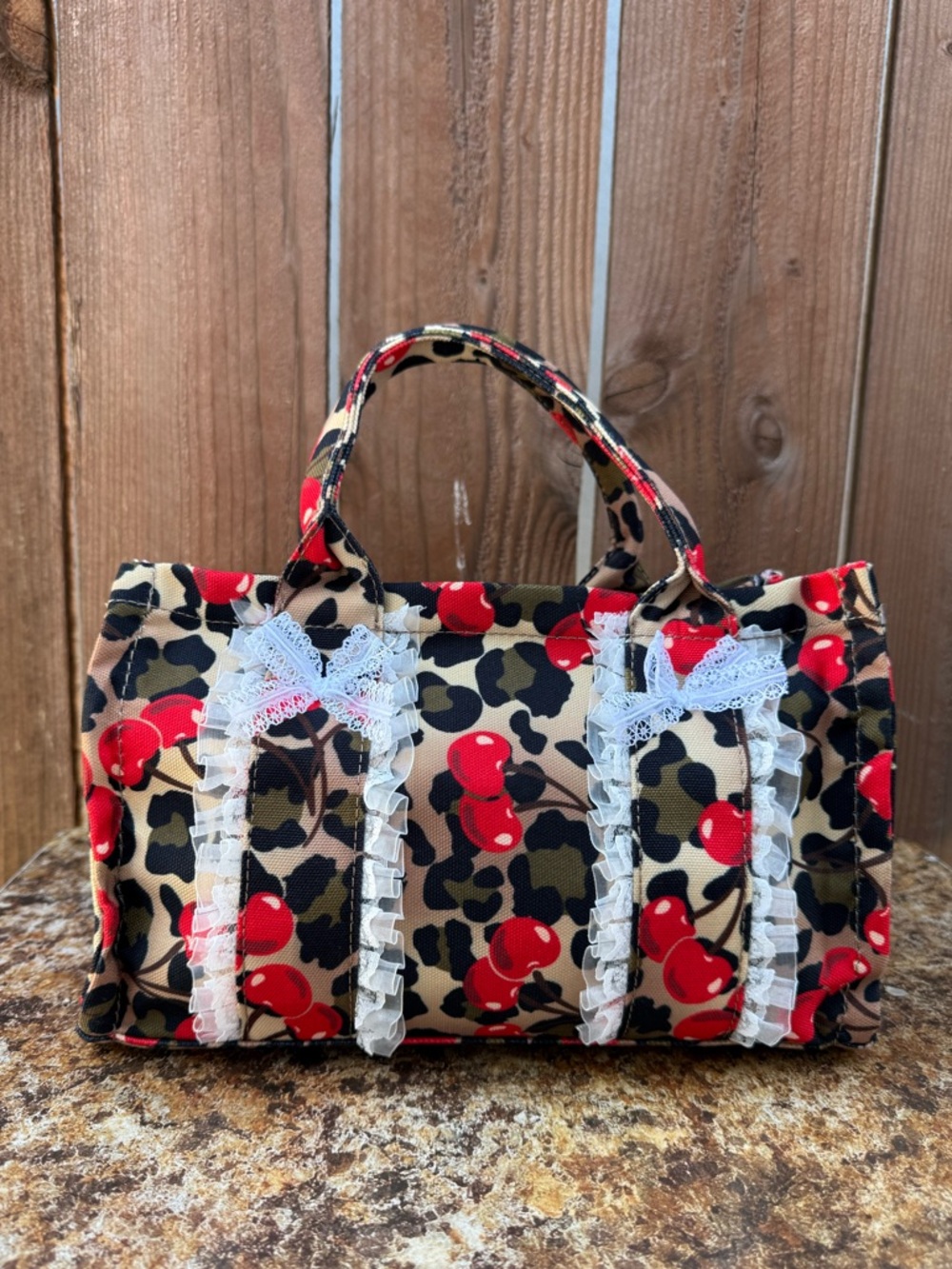 High Fashion Cherry And Leopard Print Tote With White Lace Bows And Ruffles